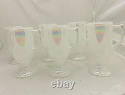 6 Federal Moonglow Iridescent Milk Glass Pedestal Footed Irish Coffee Cups Mugs
