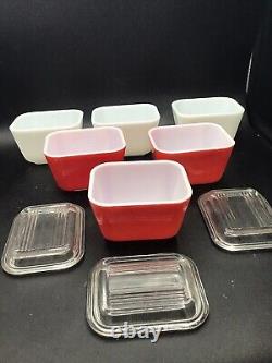 6 Pyrex 501-b Opal/White and Red Refrigerator Dishes and 3 501-c Lids