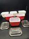 6 Pyrex 501-b Opal/white And Red Refrigerator Dishes And 3 501-c Lids
