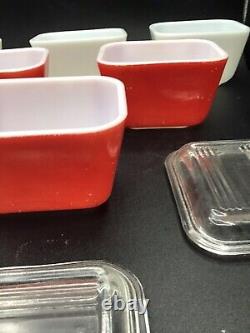 6 Pyrex 501-b Opal/White and Red Refrigerator Dishes and 3 501-c Lids