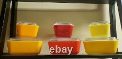 6 Vintage Pyrex Refrigerator Dishes And Lids #501, #502 Orange, Red, Yellow