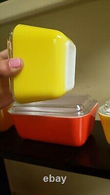 6 Vintage Pyrex Refrigerator Dishes And Lids #501, #502 Orange, Red, Yellow