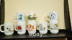 8 Fire King Anchor Hocking Snoopy Milk Glass Mugs Very Collectable