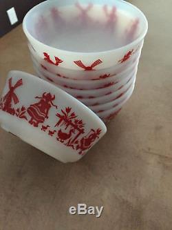 8 Hazel Atlas Dutch Children Bowls 7 Mixing Milk Glass Red White Vintage EUC