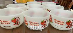 8 Strawberry Shortcake Bowls 1980s Milk Glass Vintage Anchor Hocking Fire King
