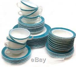 8 VTG Mid Century Pyrex White Milk Glass Turquoise Blue Band 50s Dinnerware Sets