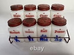 8 Vintage Hazel Atlas Milk Glass Spice Rack Red Blue Dutch & Wire Rack