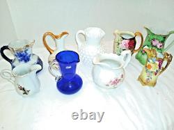 9 Vintage Milk/Cream Pitchers. Dresden, Milk Glass, Cobalt blue, Nippon