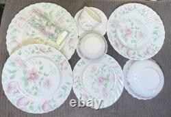 9pc Arcopal France VTG Florentine Plates, Bowls, Cups, Saucer & Glass White Milk