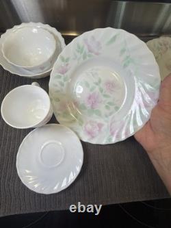 9pc Arcopal France VTG Florentine Plates, Bowls, Cups, Saucer & Glass White Milk