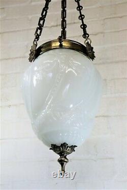 A Large Antique French Glass Ceiling Light Milk Glass Pendant Chandelier