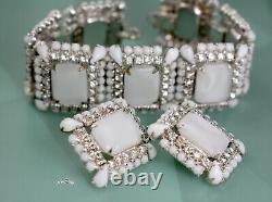 A Vintage White Milk Glass Rhinestone Jewelry, Link Bracelet Earrings
