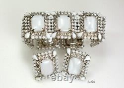 A Vintage White Milk Glass Rhinestone Jewelry, Link Bracelet Earrings