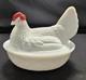 A Westmoreland White Milk Glass Hen On Nest Candy/ Butter Dish With Red Accents