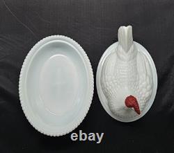 A Westmoreland white milk glass hen on nest Candy/ butter dish with red accents