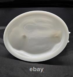 A Westmoreland white milk glass hen on nest Candy/ butter dish with red accents