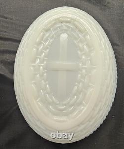 A Westmoreland white milk glass hen on nest Candy/ butter dish with red accents