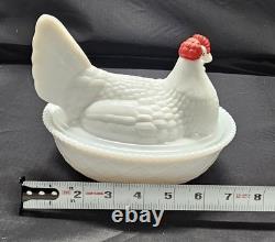 A Westmoreland white milk glass hen on nest Candy/ butter dish with red accents