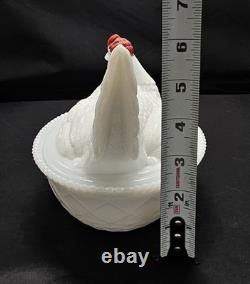A Westmoreland white milk glass hen on nest Candy/ butter dish with red accents