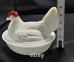 A Westmoreland white milk glass hen on nest Candy/ butter dish with red accents