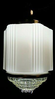 ANTIQUE 1920s ART DECO LIGHT SKYSCRAPER LIGHT FIXTURE MILK GLASS LARGE PENDANT