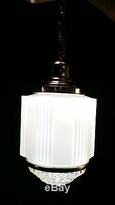 ANTIQUE 1920s ART DECO LIGHT SKYSCRAPER LIGHT FIXTURE MILK GLASS LARGE PENDANT