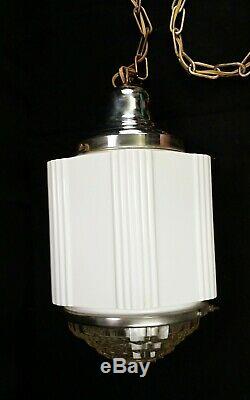 ANTIQUE 1920s ART DECO LIGHT SKYSCRAPER LIGHT FIXTURE MILK GLASS LARGE PENDANT