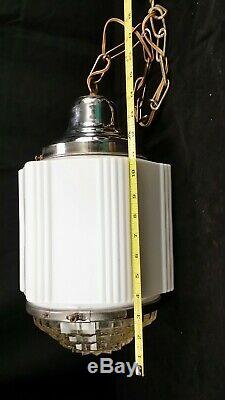 ANTIQUE 1920s ART DECO LIGHT SKYSCRAPER LIGHT FIXTURE MILK GLASS LARGE PENDANT