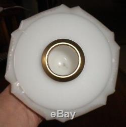 ANTIQUE OPAQUE WHITE MILK GLASS BEADED HEART OIL LAMP 20 1/2'' TALL WithCHIMNEY