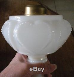 ANTIQUE OPAQUE WHITE MILK GLASS BEADED HEART OIL LAMP 20 1/2'' TALL WithCHIMNEY