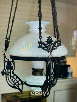 ANTIQUE Ornate HANGING WHITE MILK GLASS OIL LAMP ELECTRIFIED