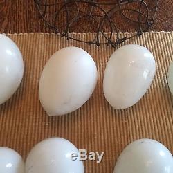 ANTIQUE primitive 12 blown MILK GLASS eggs FARM collectible W Collapsable basket