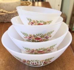 Acropal France Set of 4 White Milk Glass Nesting Bowls Partridge Floral Pattern