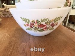 Acropal France Set of 4 White Milk Glass Nesting Bowls Partridge Floral Pattern