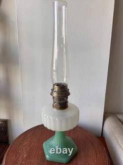 Aladdin Corinthian Jadeite White Milk Glass Kerosene Oil Lamp with Chimney 23 Aladdin Corinthian Jadeite White Milk Glass Kerosene Oil Lamp with Chimney 23