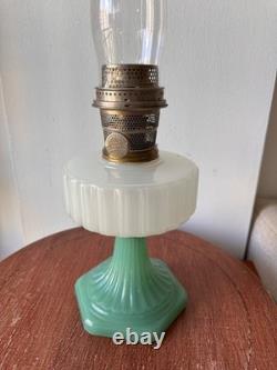 Aladdin Corinthian Jadeite White Milk Glass Kerosene Oil Lamp with Chimney 23