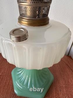 Aladdin Corinthian Jadeite White Milk Glass Kerosene Oil Lamp with Chimney 23