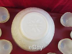 Anchor Hocking 12 Pc. 22kt Daisy Gold Trim Opaque Milk Glass Punch Bowl Set Vtg