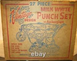 Anchor Hocking GRAPE HARVEST 27 Piece Milk White Punch Bowl Set Vintage in Box