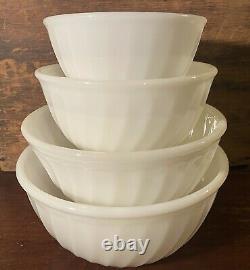 Anchor Hocking Glass Fire King White Swirl 6 7 8 & 9 Mixing Bowl Set of 4