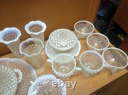 Anchor Hocking Hobnail Milk Glass Moonstone Lot of 28 Pieces Vases Bowls Etc
