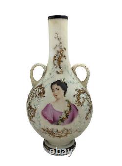 Antique 10.25 Milk Glass Hand Painted Vase with Victorian Lady Hand Painted