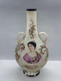 Antique 10.25 Milk Glass Hand Painted Vase with Victorian Lady Hand Painted