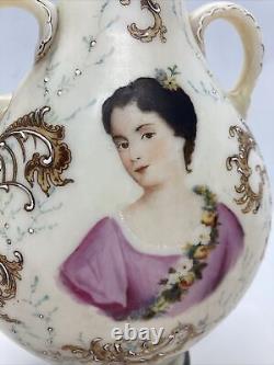 Antique 10.25 Milk Glass Hand Painted Vase with Victorian Lady Hand Painted