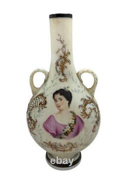 Antique 10.25 Milk Glass Hand Painted Vase with Victorian Lady Hand Painted