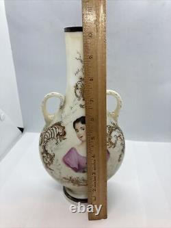 Antique 10.25 Milk Glass Hand Painted Vase with Victorian Lady Hand Painted