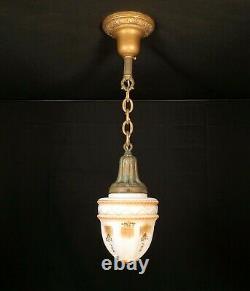 Antique 1920 Victorian Pendant Light Painted Satin Milk Glass Acorn Globe Shade