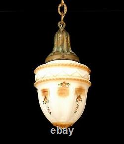 Antique 1920 Victorian Pendant Light Painted Satin Milk Glass Acorn Globe Shade