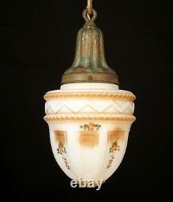 Antique 1920 Victorian Pendant Light Painted Satin Milk Glass Acorn Globe Shade