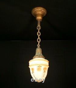 Antique 1920 Victorian Pendant Light Painted Satin Milk Glass Acorn Globe Shade